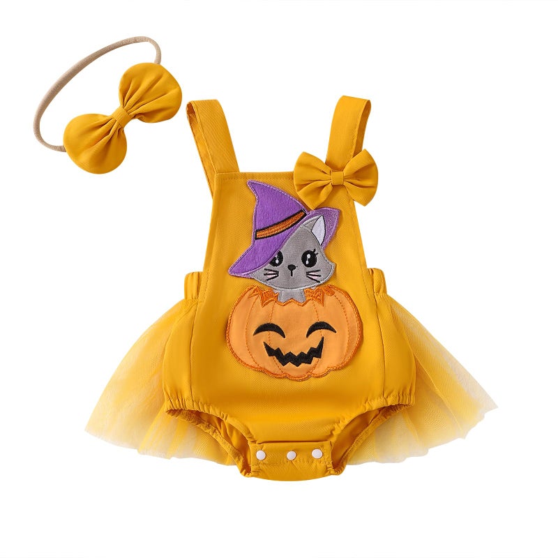 Amnnchya Baby Girl Thanksgiving Outfit Pumpkin Turkey Costumes Sleeveless Tulle Romper Newborn Halloween Outfit Girl (Yellow  0-3 Months) - Image 1